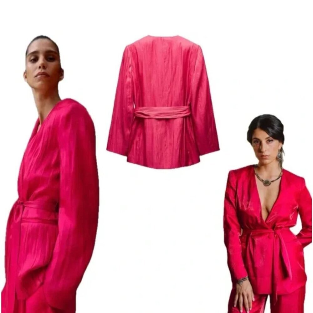 ZARA Double Breasted Belted Pink Blazer Wrinkle Effect Jacket XS NWT - Picture 3 of 16
